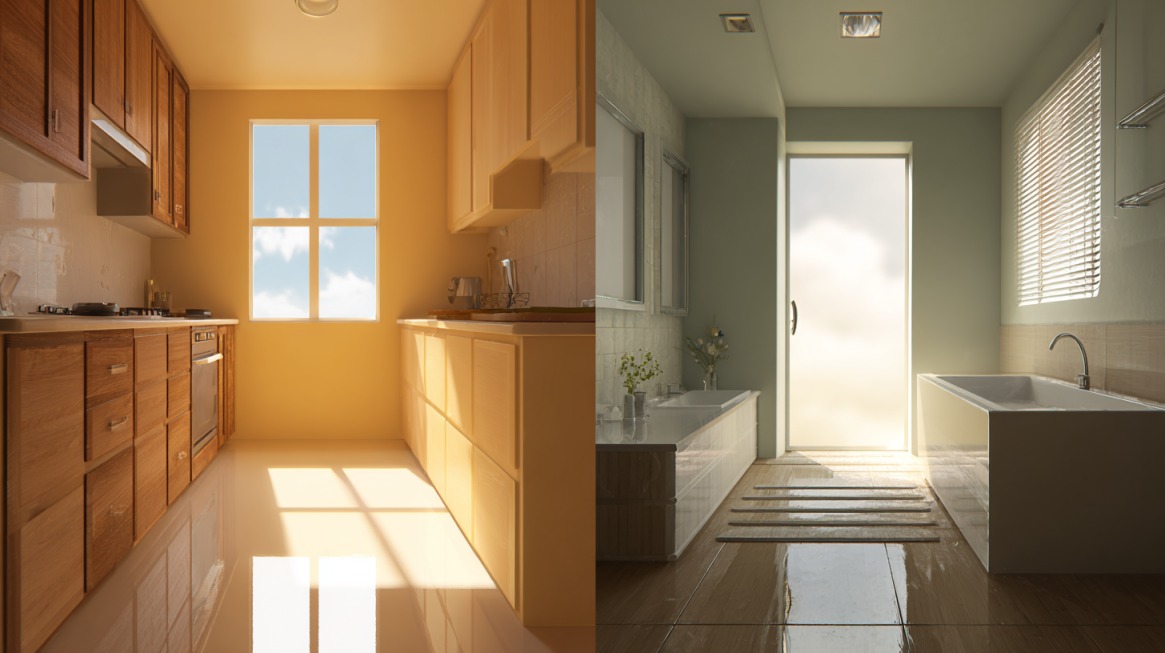 Uporedni prikaz kuhinje i kupatila sa modernim uređenjem