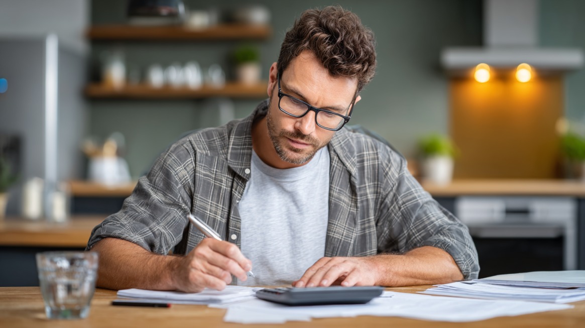 Muškarac računa troškove za stolom u kuhinji