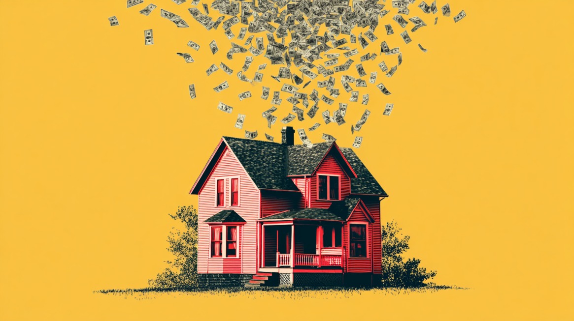 Kuća ispod koje padaju novčanice na žutoj pozadini